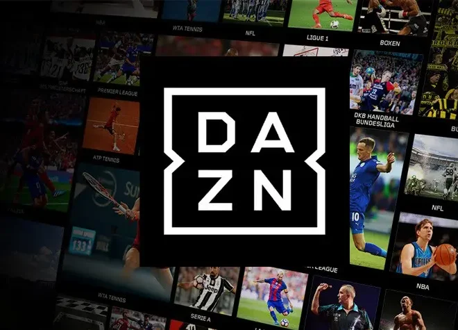 Logo streamovací platformy DAZN na pozadí sportovních událostí, včetně fotbalu, tenisu, NFL a dalších populárních sportů.