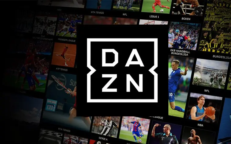 Logo streamovací platformy DAZN na pozadí sportovních událostí, včetně fotbalu, tenisu, NFL a dalších populárních sportů.