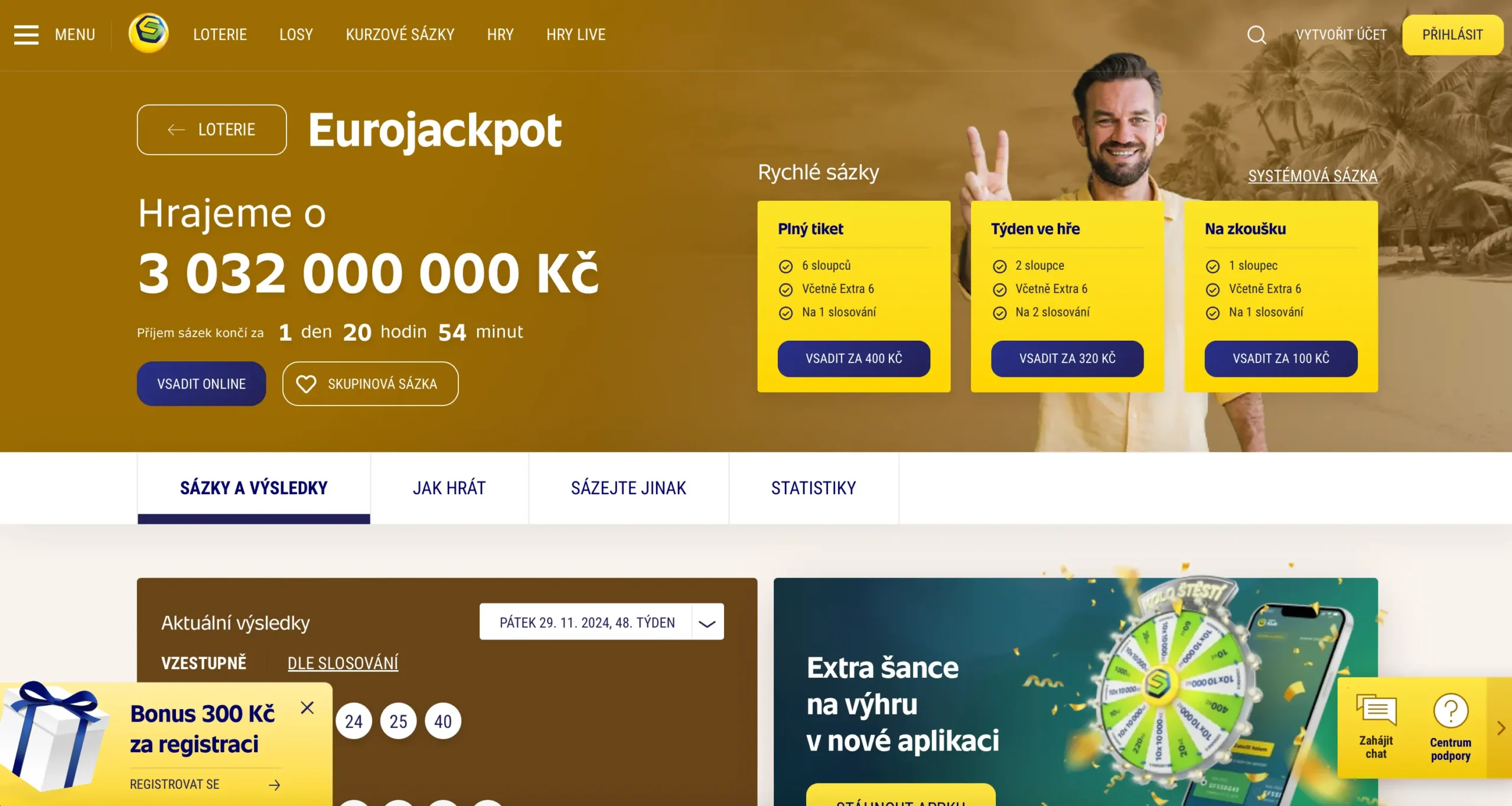 Webová stránka EuroJackpotu s informacemi o aktuální výhře 3 032 000 000 Kč, možností rychlého online sázení a nabídce bonusu 300 Kč za registraci. Přívětivý design s výzvou k podání tiketu.