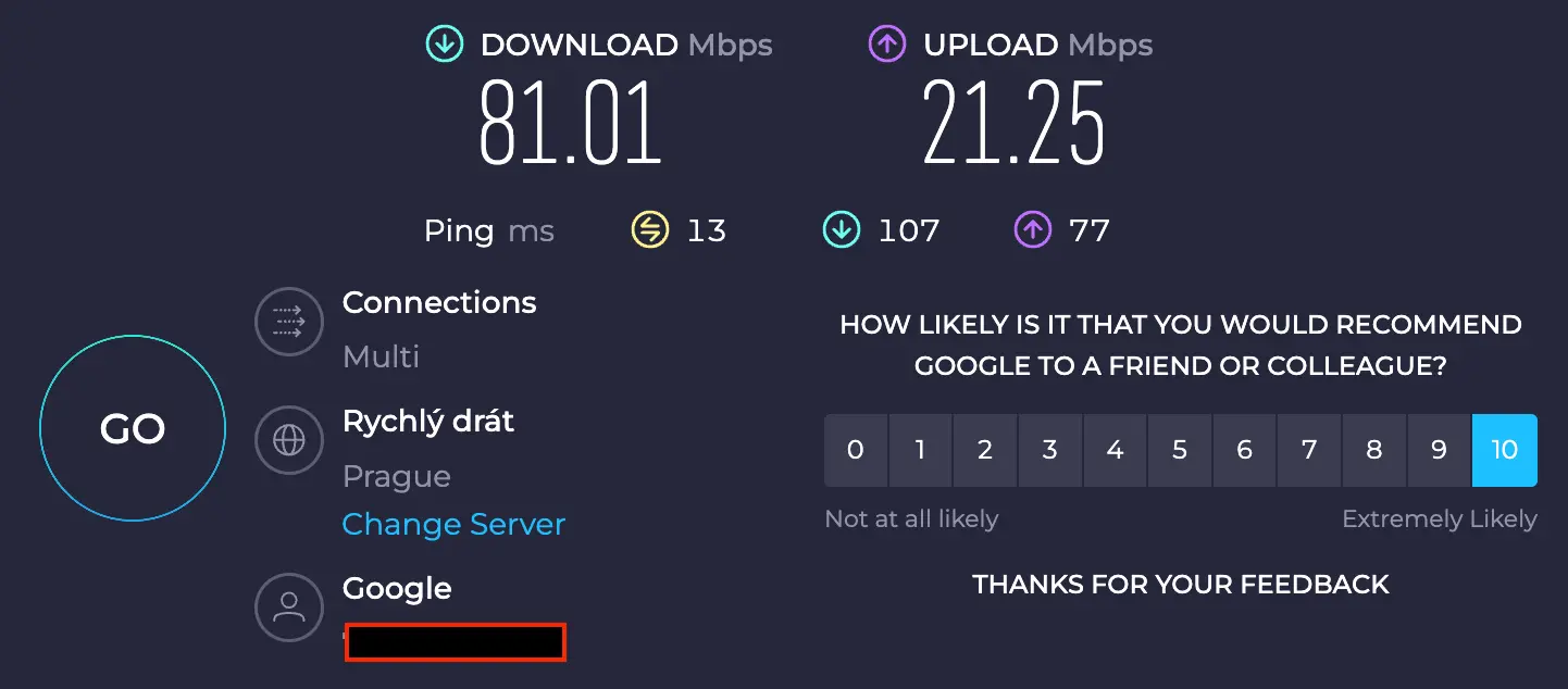 Výsledek měření rychlosti přes Ookla Speedtest s FastestVPN aktivní. Rychlost stahování dosahuje 81,01 Mbps a nahrávání 21,25 Mbps s nízkou odezvou 13 ms.