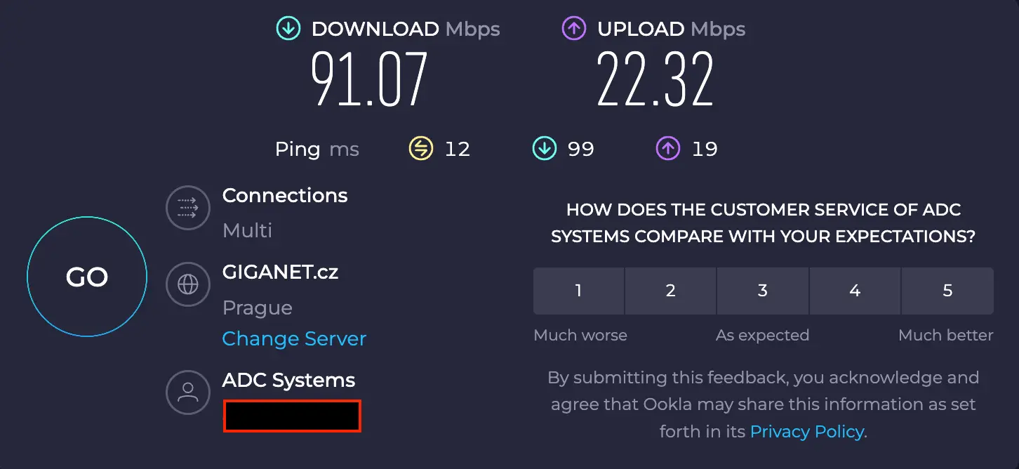 Výsledek měření rychlosti přes Ookla Speedtest bez aktivní VPN. Rychlost stahování dosahuje 91,07 Mbps a nahrávání 22,32 Mbps s nízkou odezvou 12 ms.