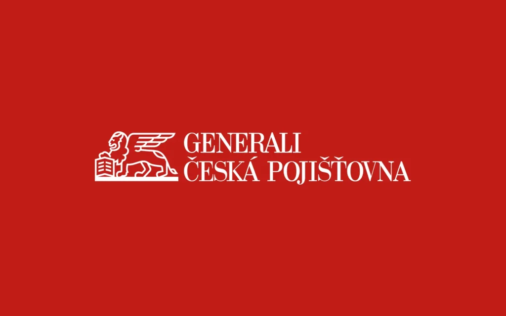 Logo Generali České pojišťovny s ikonickým okřídleným lvem na červeném pozadí.