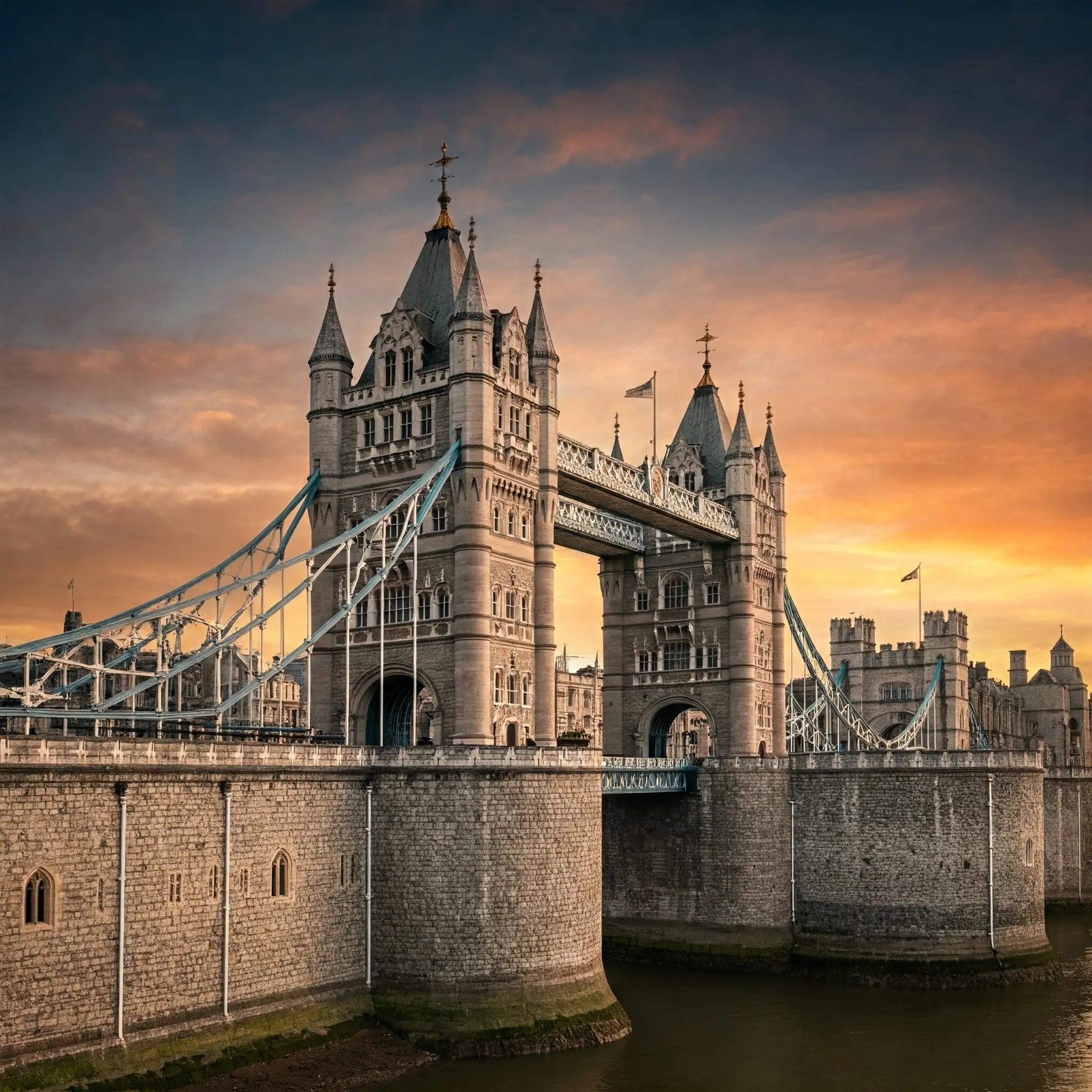 Detailní pohled na Tower Bridge poblíž Londýnského Toweru při západu slunce.