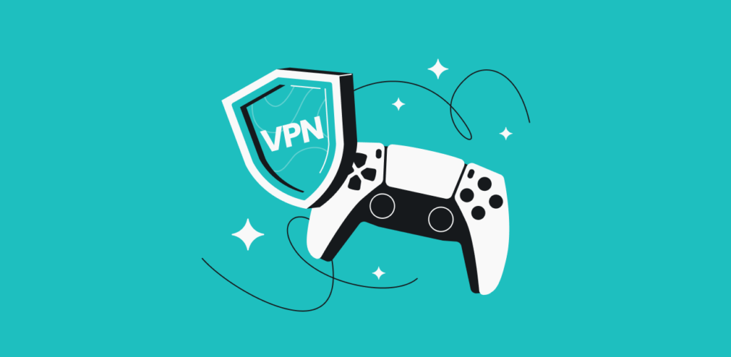 Ilustrace štítu s nápisem VPN vedle herního ovladače pro PlayStation. Symbolizuje ochranu připojení a bezpečné hraní online pomocí VPN na PS5 a PS4.