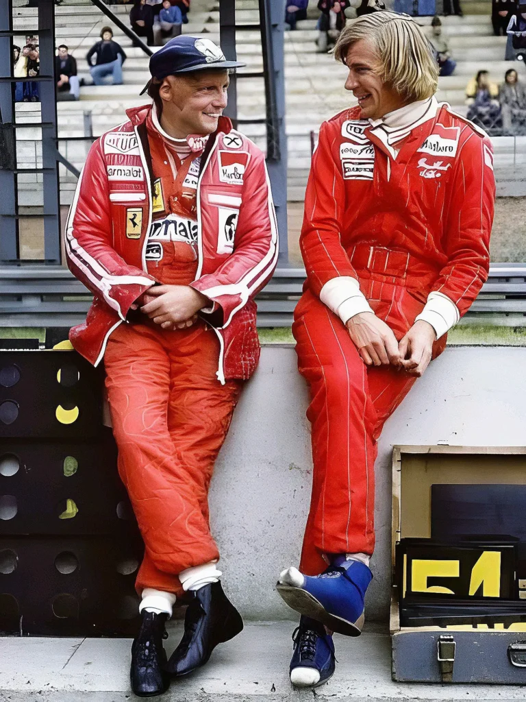 Niki Lauda a James Hunt si povídají v boxech během závodního víkendu, oba v ikonických červených kombinézách.