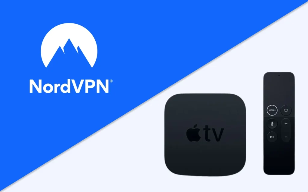 Logo NordVPN vedle Apple TV a jejího ovladače na modro-bílém pozadí.