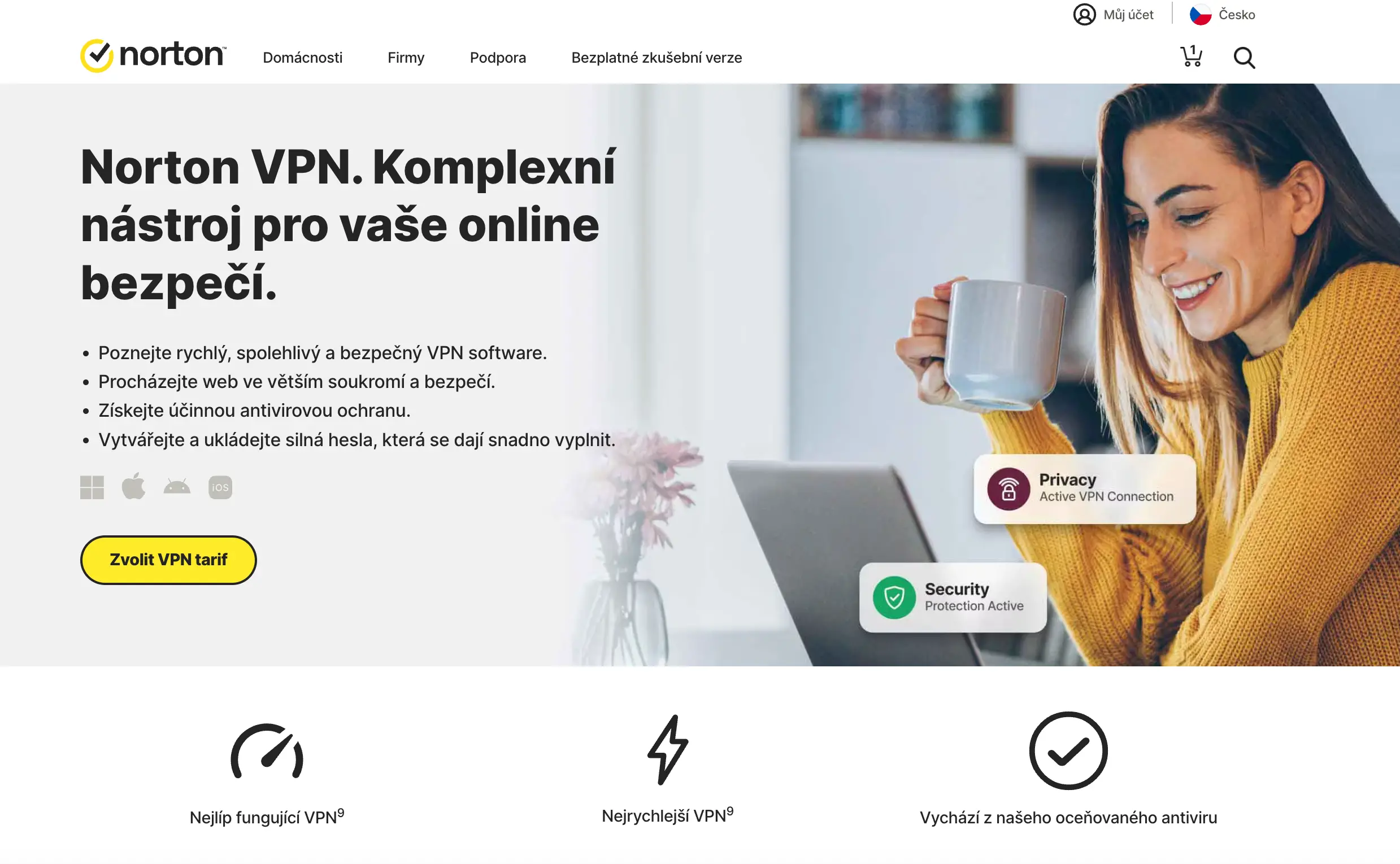 Norton VPN zdůrazňující rychlost, soukromí a antivirovou ochranu. Obsahuje vyobrazení ženy u počítače s nabídkou VPN tarifů.