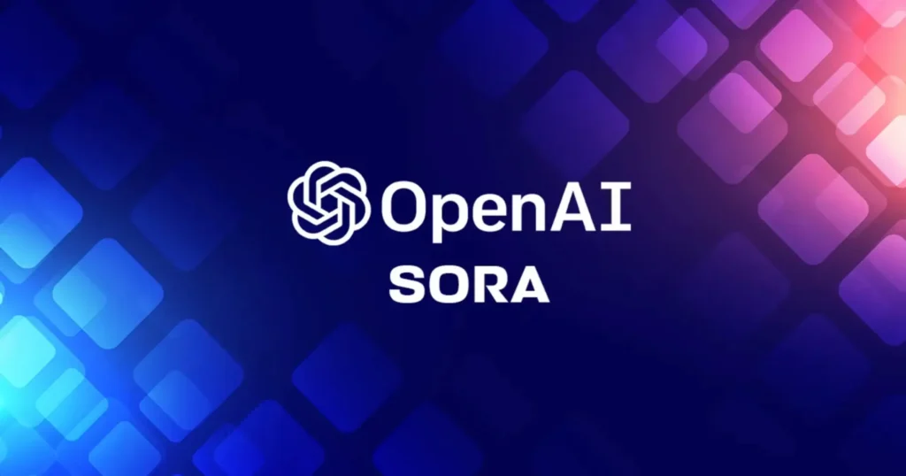 Logo OpenAI Sora s moderním grafickým pozadím v modro-fialových tónech, symbolizující inovativní AI technologie.