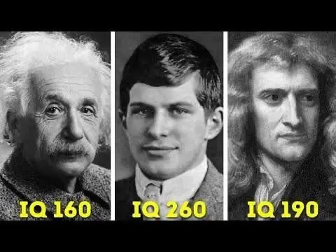 Portrét tří významných historických géniů: Albert Einstein (IQ 160), William James Sidis (IQ 260), Isaac Newton (IQ 190). Porovnání IQ s uvedenými hodnotami.