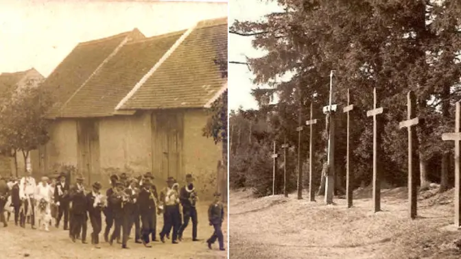 Historické fotografie zachycující svatební průvod a místo s kříži, připomínající tragický masakr u Devíti křížů.