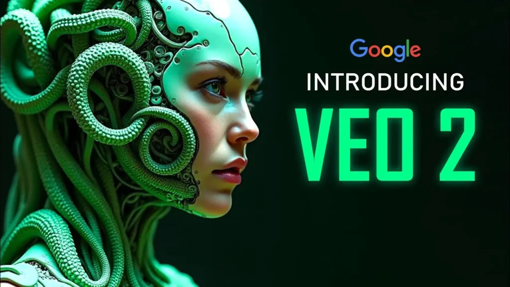 Moderní ilustrace představující ženu s futuristickými prvky, inspirovanou umělou inteligencí. Vedle ní je text 'Google Introducing Veo 2' ve výrazném zeleném písmu, propagující nový AI video generátor od společnosti Google.