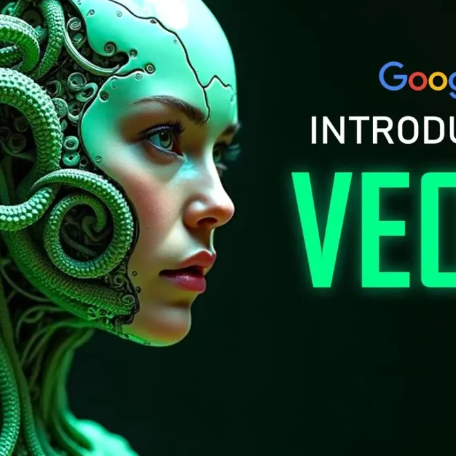 Moderní ilustrace představující ženu s futuristickými prvky, inspirovanou umělou inteligencí. Vedle ní je text 'Google Introducing Veo 2' ve výrazném zeleném písmu, propagující nový AI video generátor od společnosti Google.