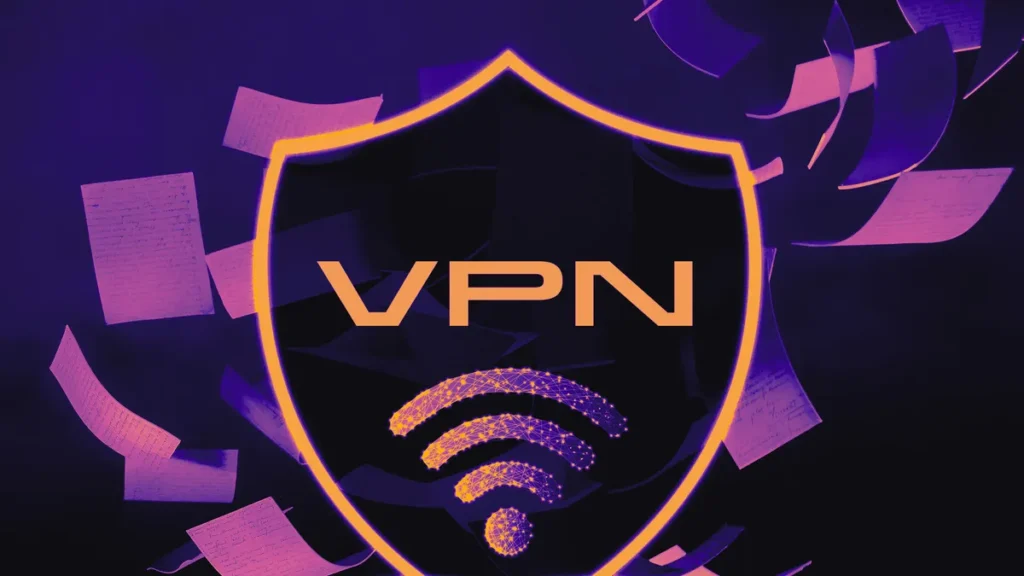 Symbol VPN na štítu, znázorňující ochranu dat, obklopený létajícími dokumenty, na tmavém pozadí s oranžovými a fialovými akcenty.