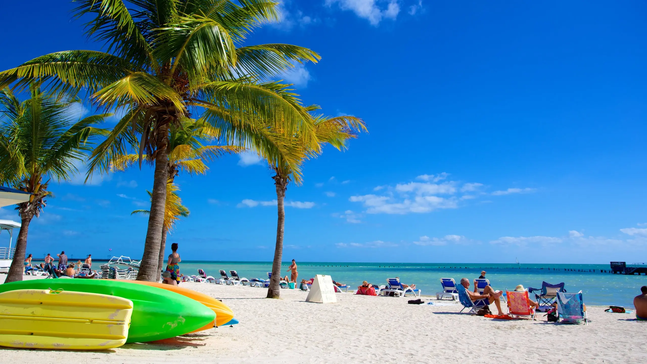 Slunečná pláž na Florida Keys s bílým pískem, palmami a barevnými kajaky v popředí, v pozadí moře s průzračnou tyrkysovou vodou a rekreanti odpočívající na lehátkách pod modrou oblohou.