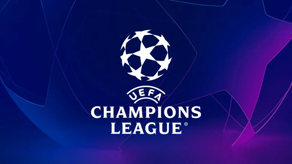 Logo Ligy mistrů UEFA na modrém a fialovém pozadí s textem "UEFA Champions League.