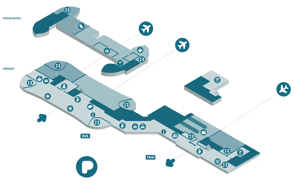 Přehledná mapa terminálu letiště Brno-Tuřany znázorňující rozložení přízemí a prvního patra s označením služeb, odletových bran, příletových prostor, restaurací, obchodů, autobusových zastávek a taxi stanovišť.