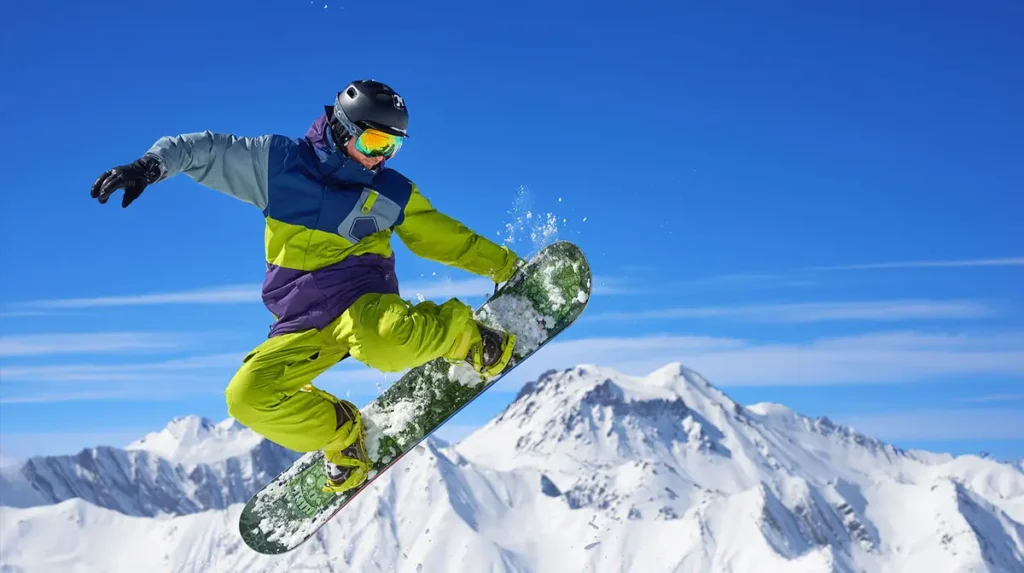 Snowboardista skákající ve vzduchu na horském pozadí během jasného slunečného dne.