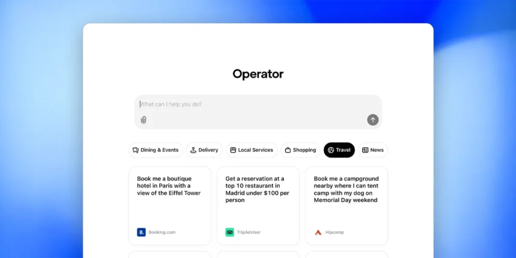 Uživatelské rozhraní OpenAI Operator, zobrazující vyhledávací pole a návrhy úkolů, jako je rezervace hotelu, restaurace nebo kempu, s logy Booking.com, TripAdvisor a Hipcamp.