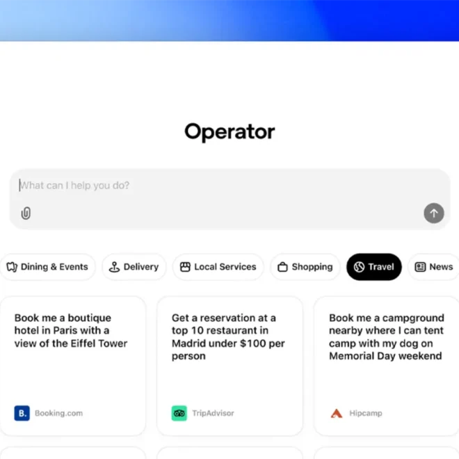 Uživatelské rozhraní OpenAI Operator, zobrazující vyhledávací pole a návrhy úkolů, jako je rezervace hotelu, restaurace nebo kempu, s logy Booking.com, TripAdvisor a Hipcamp.