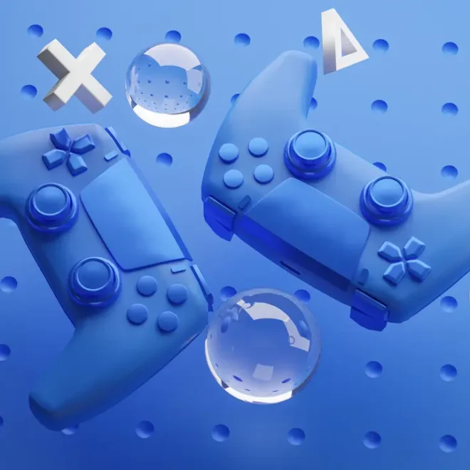 Dva modré PlayStation 5 ovladače na herním pozadí s ikonickými symboly PlayStation tlačítek X, O, čtverce a trojúhelníku.