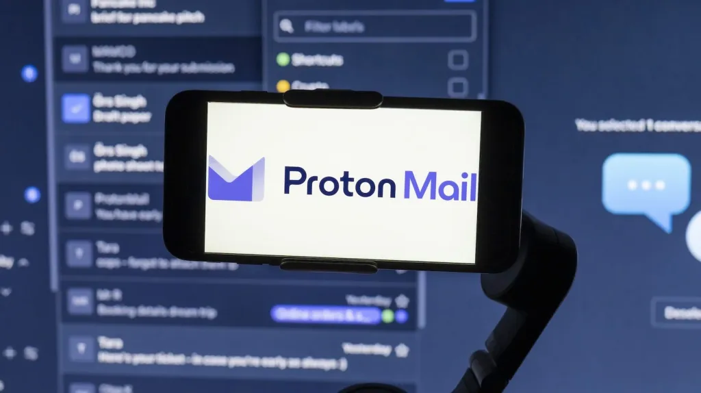 Smartphone zobrazující logo Proton Mail, s rozostřeným náhledem e-mailového rozhraní v pozadí.