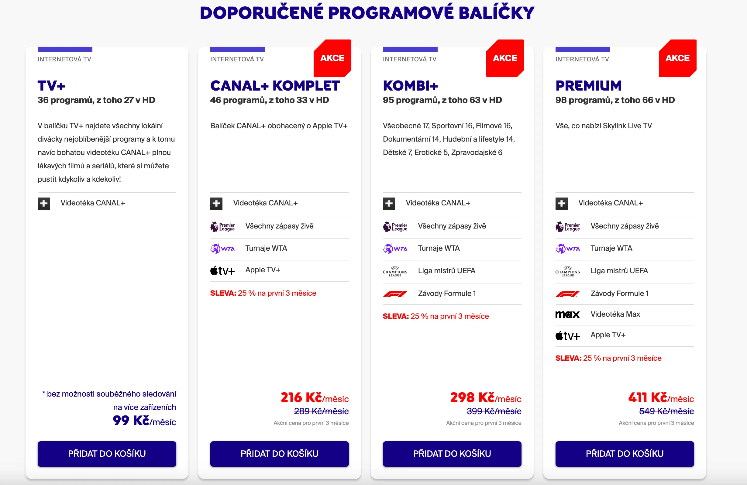 Doporučené programové balíčky Skylink Live TV – nabídka tarifů s počtem kanálů, sportovními programy a videotékou. Zvýhodněné ceny s 25% slevou na první 3 měsíce.