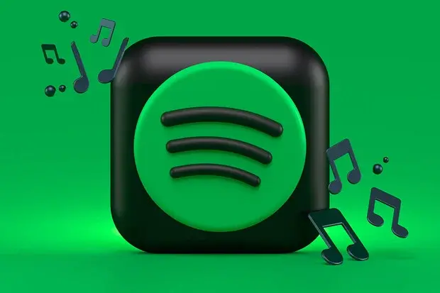 Ikona Spotify na černozeleném pozadí s hudebními notami poletujícími kolem.