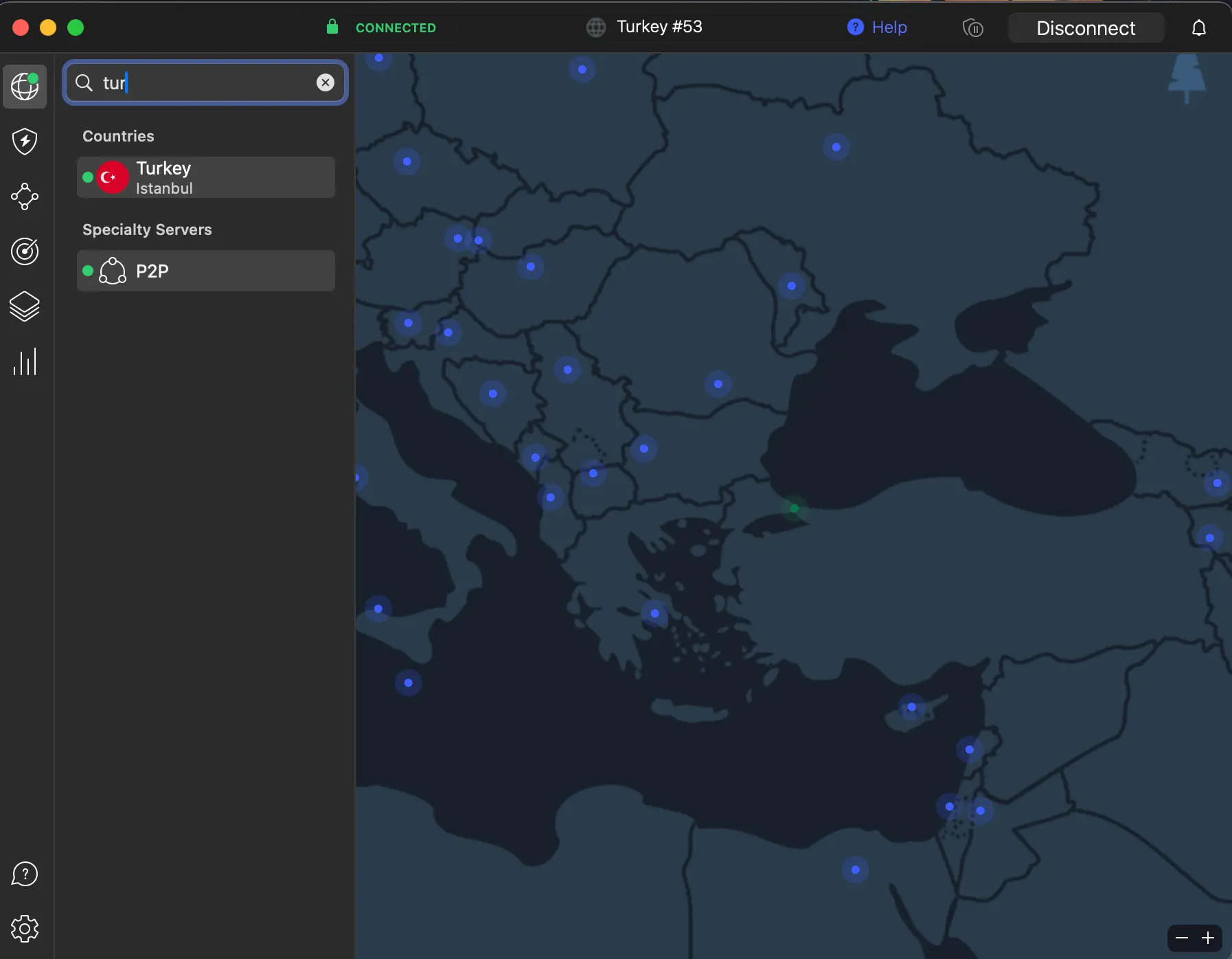 Moje NordVPN připojená na server v Istanbulu