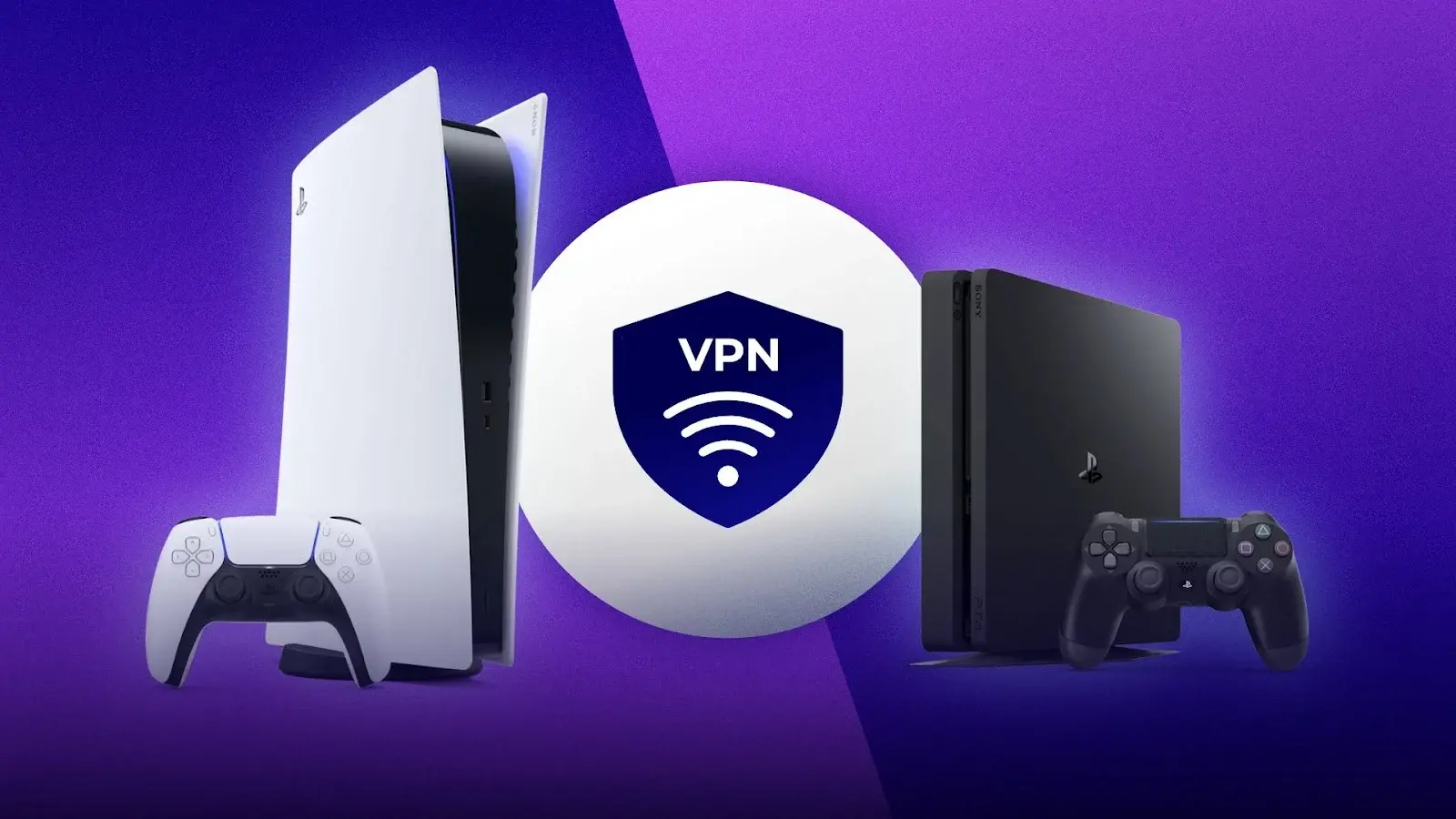 Bílá PlayStation 5 a černá PlayStation 4 vedle loga VPN na fialovém pozadí, symbolizující použití VPN pro hraní her na konzolích PlayStation.