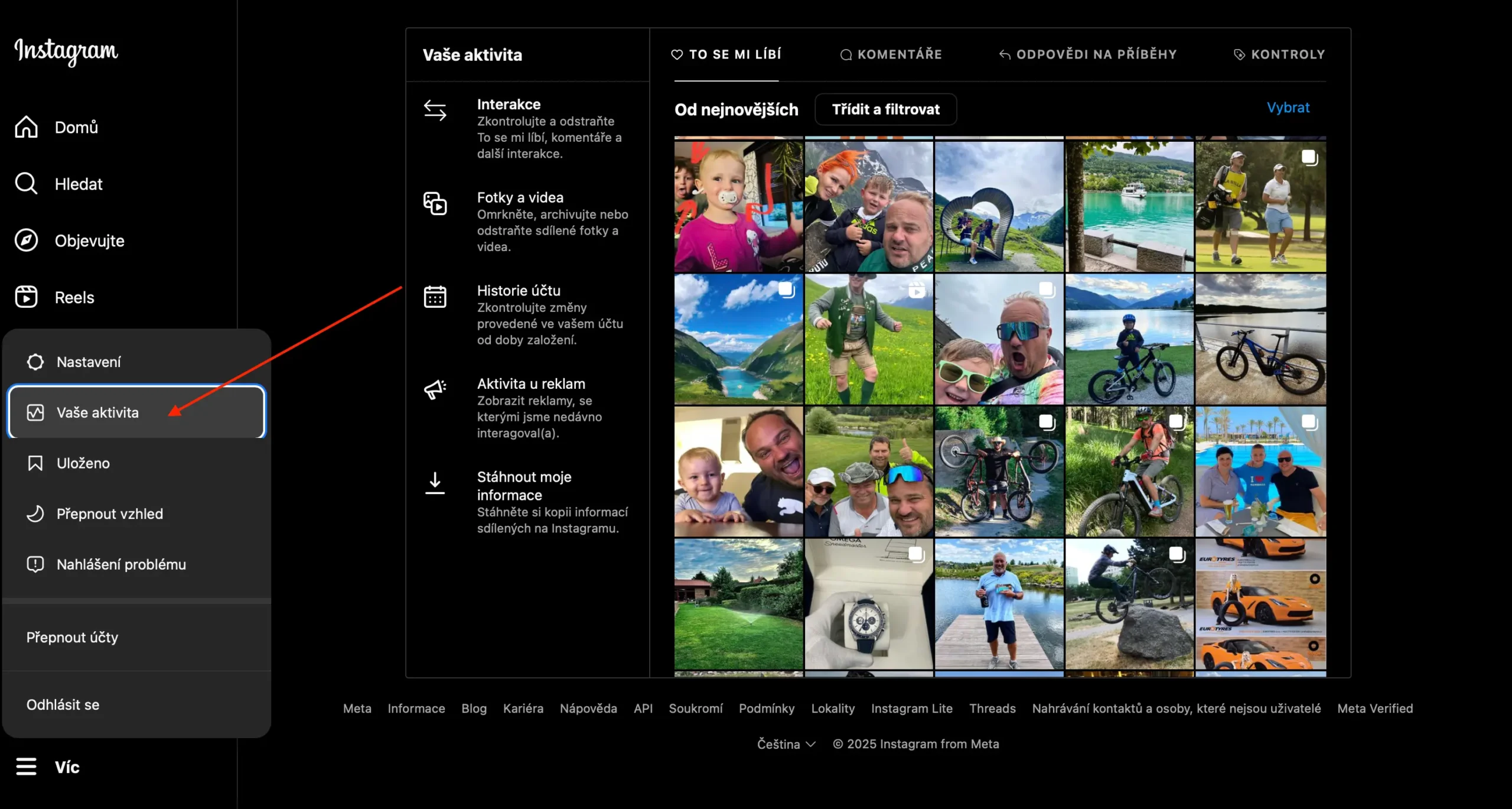 Screenshot rozhraní Instagramu zobrazující sekci Vaše aktivita, která umožňuje uživatelům spravovat interakce, lajky a další aktivity na svém účtu.