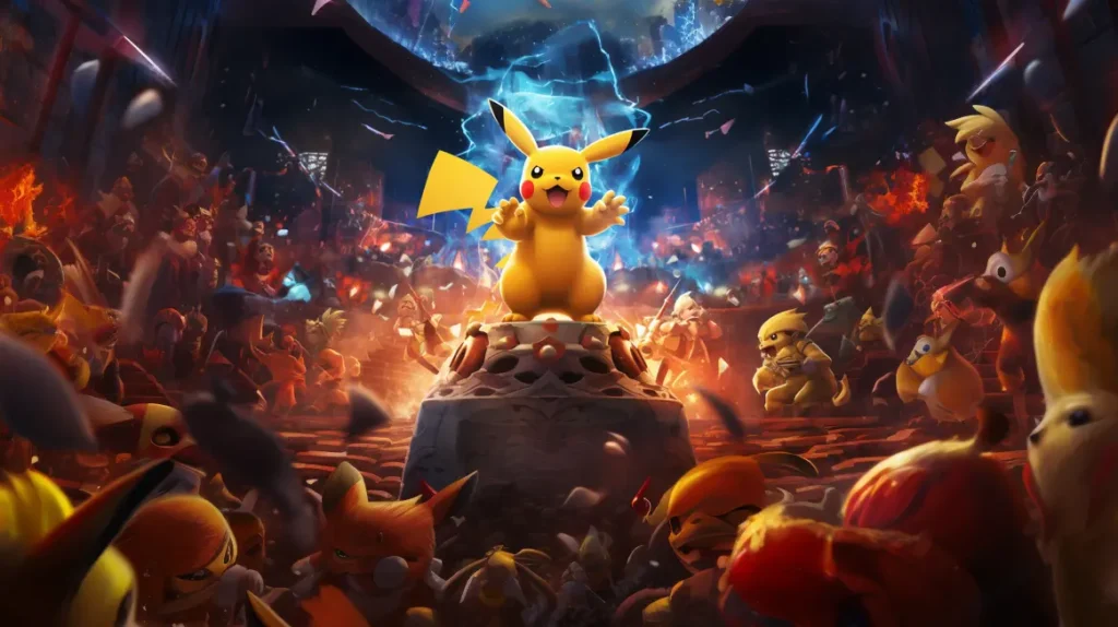 Pikachu stojící na kamenném podstavci obklopený davem dalších Pokémonů v aréně s dramatickou atmosférou a modrými elektrickými efekty na pozadí.