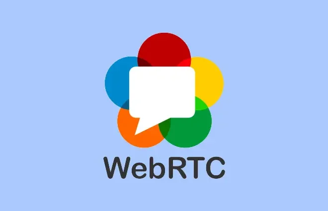 Logo WebRTC s ikonou barevných kruhů a bílou bublinou uprostřed.