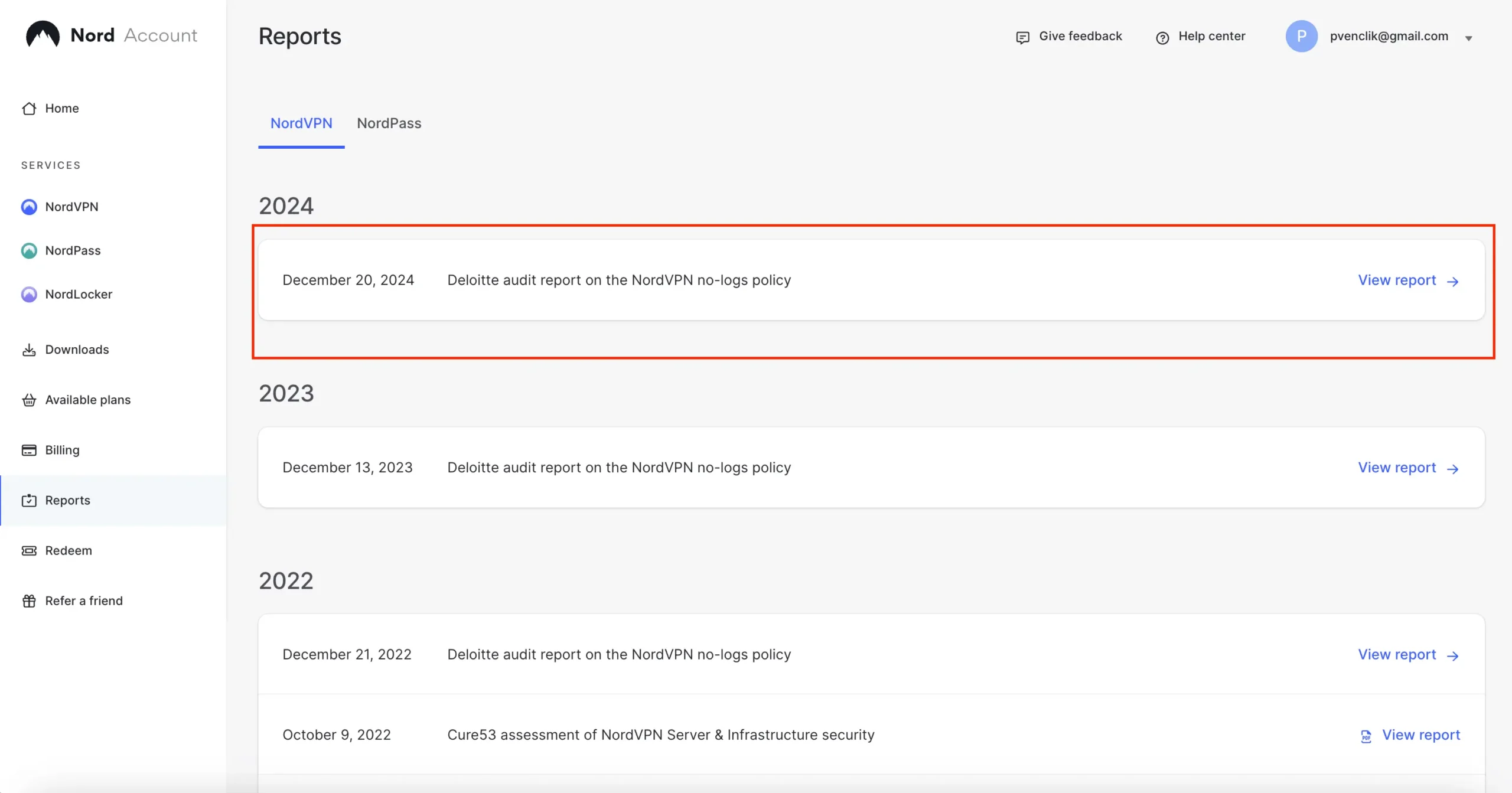 Audit report NordVPN – Seznam nezávislých auditů no-logs politiky provedených společností Deloitte. Zobrazuje výsledky auditů za roky 2022, 2023 a 2024 v uživatelském účtu NordVPN, potvrzující závazek NordVPN k ochraně soukromí a politice bez logování.