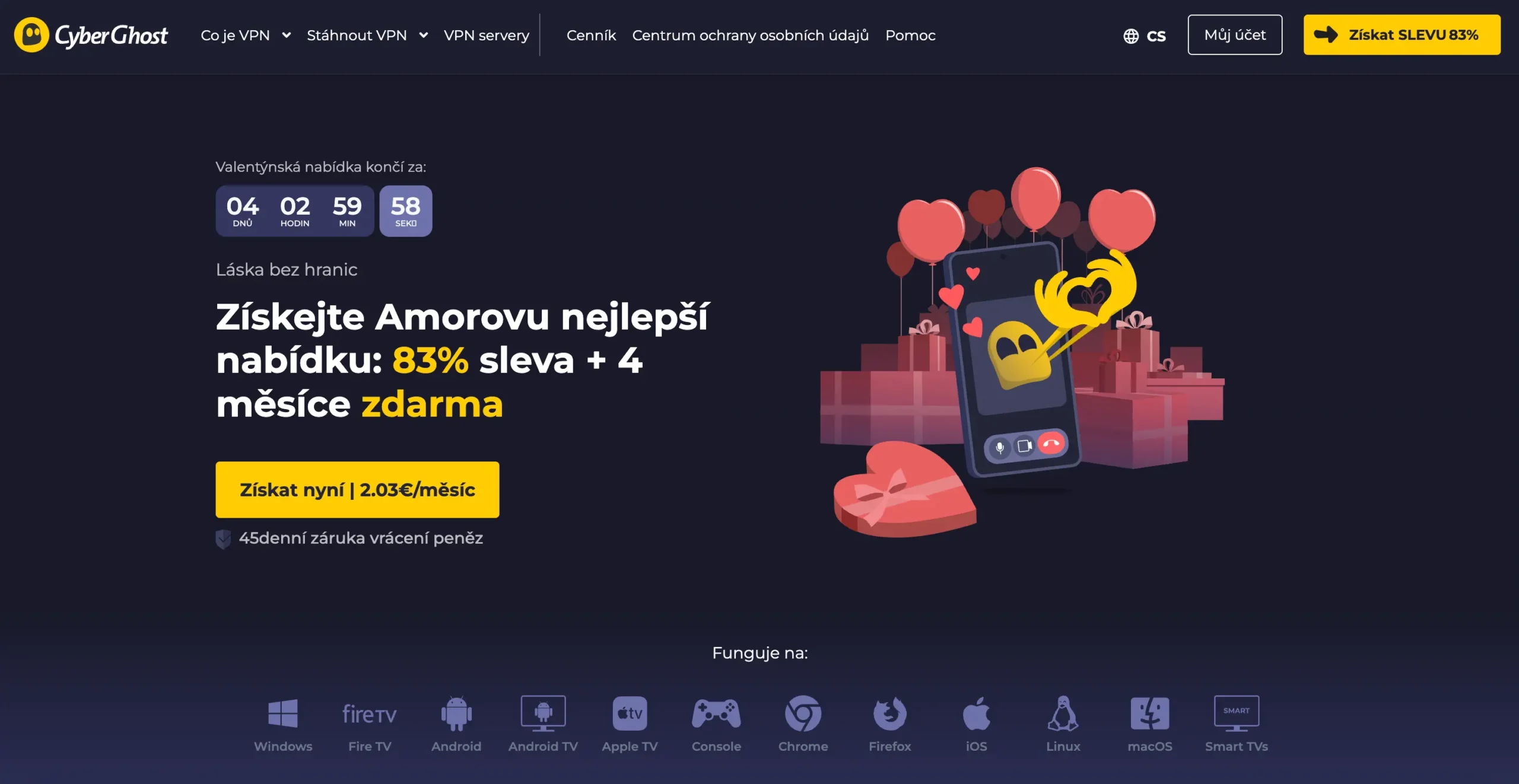 Webová stránka CyberGhost VPN zobrazující valentýnskou slevovou nabídku 83 % s 4 měsíci zdarma. Na obrázku je odpočet času do konce akce a ilustrace srdcí a mobilního telefonu.