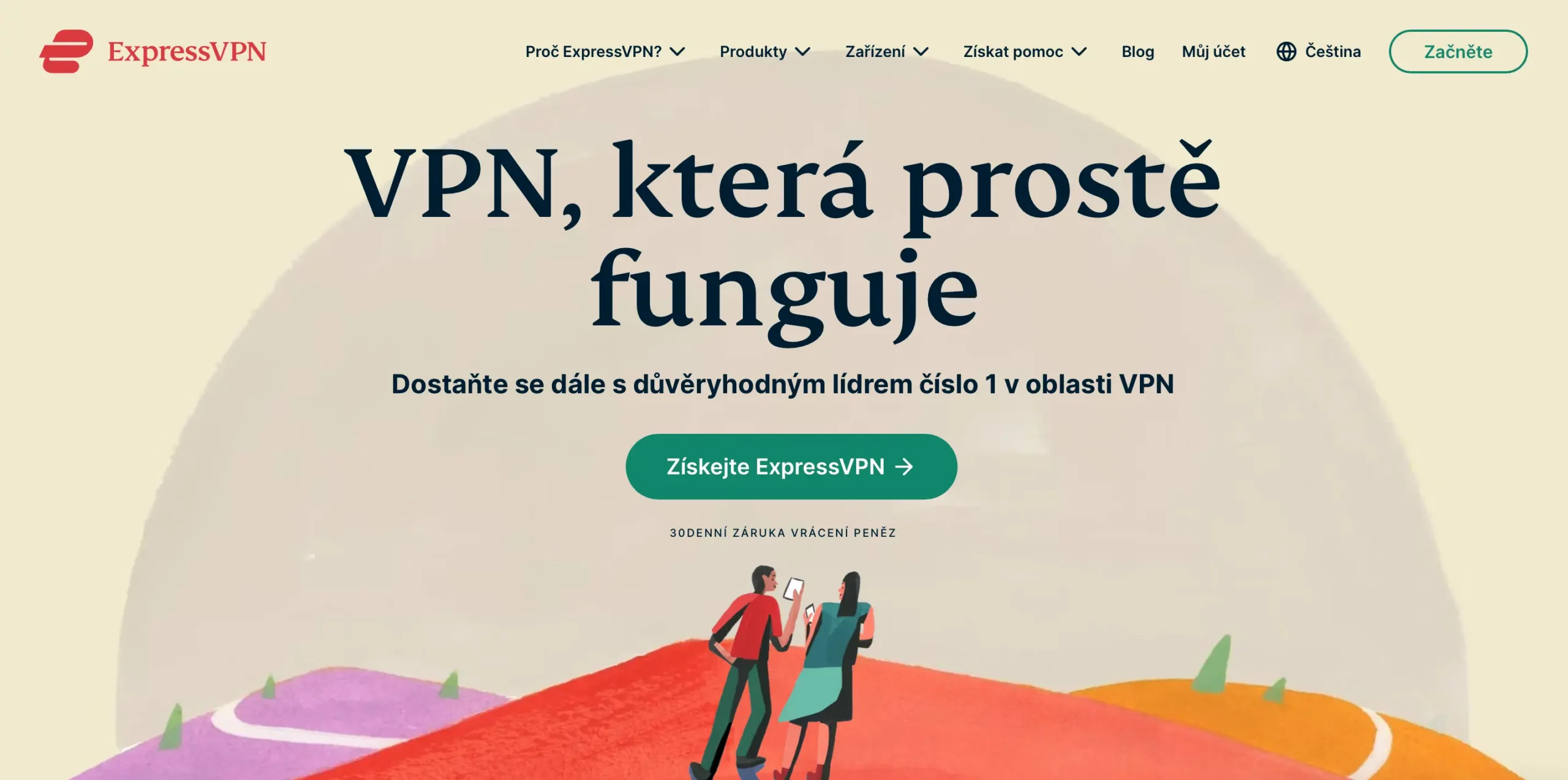 Hlavní stránka webu ExpressVPN v češtině s textem „VPN, která prostě funguje“. Obsahuje zelené tlačítko „Získejte ExpressVPN“ a nabídku navigace s možnostmi jako „Produkty“, „Zařízení“ a „Získat pomoc“. Na ilustraci jsou dvě postavy držící mobilní zařízení.