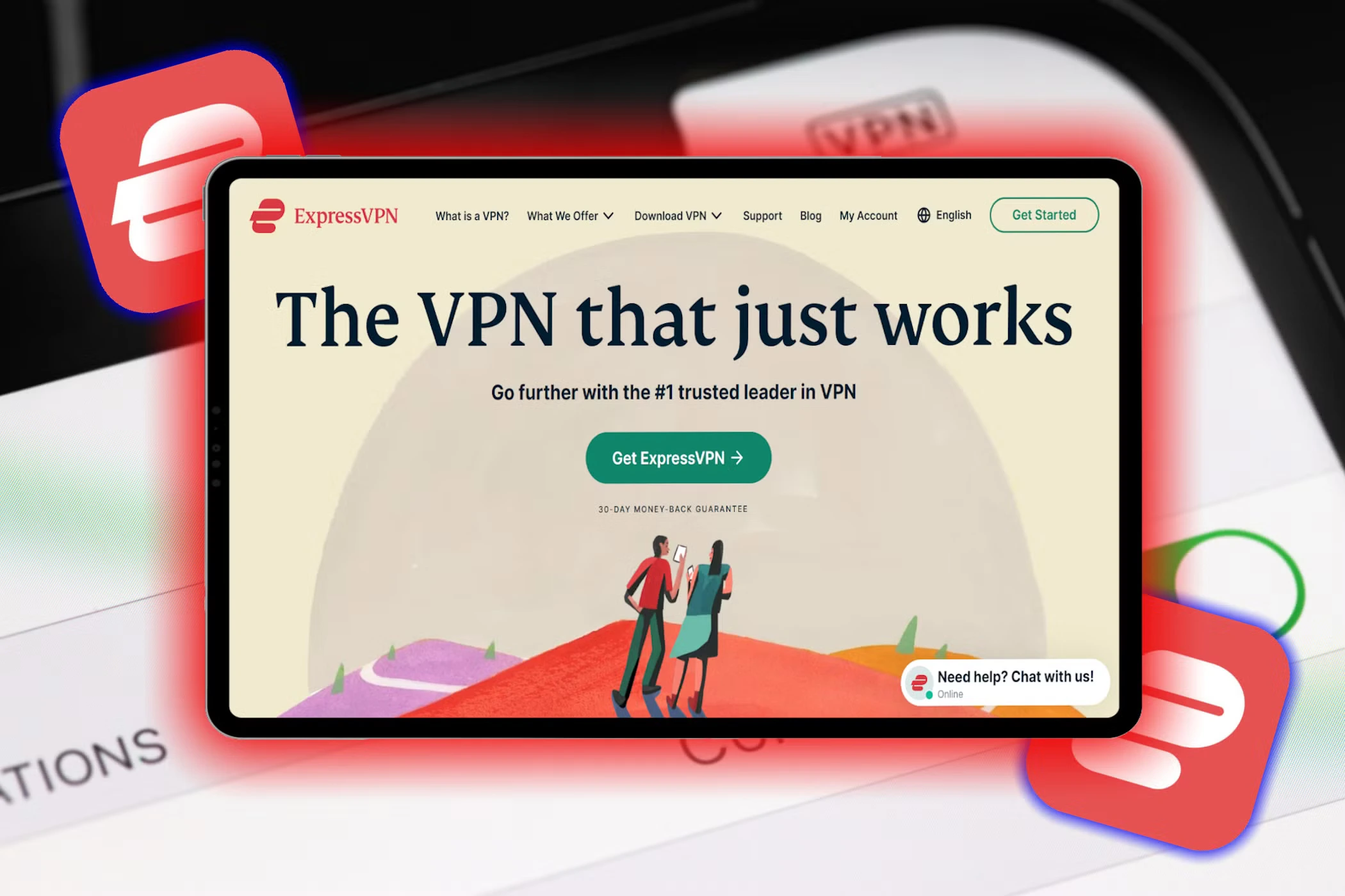 ExpressVPN úvodní stránka na tabletu zobrazující slogan „The VPN that just works“ s tlačítkem „Get ExpressVPN“ a ilustrací postav, doplněno logem ExpressVPN na pozadí.