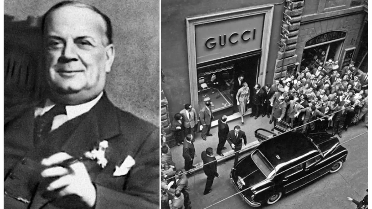 Guccio Gucci, zakladatel módního domu Gucci, vedle historického snímku první pobočky ve Florencii s davem lidí před obchodem.