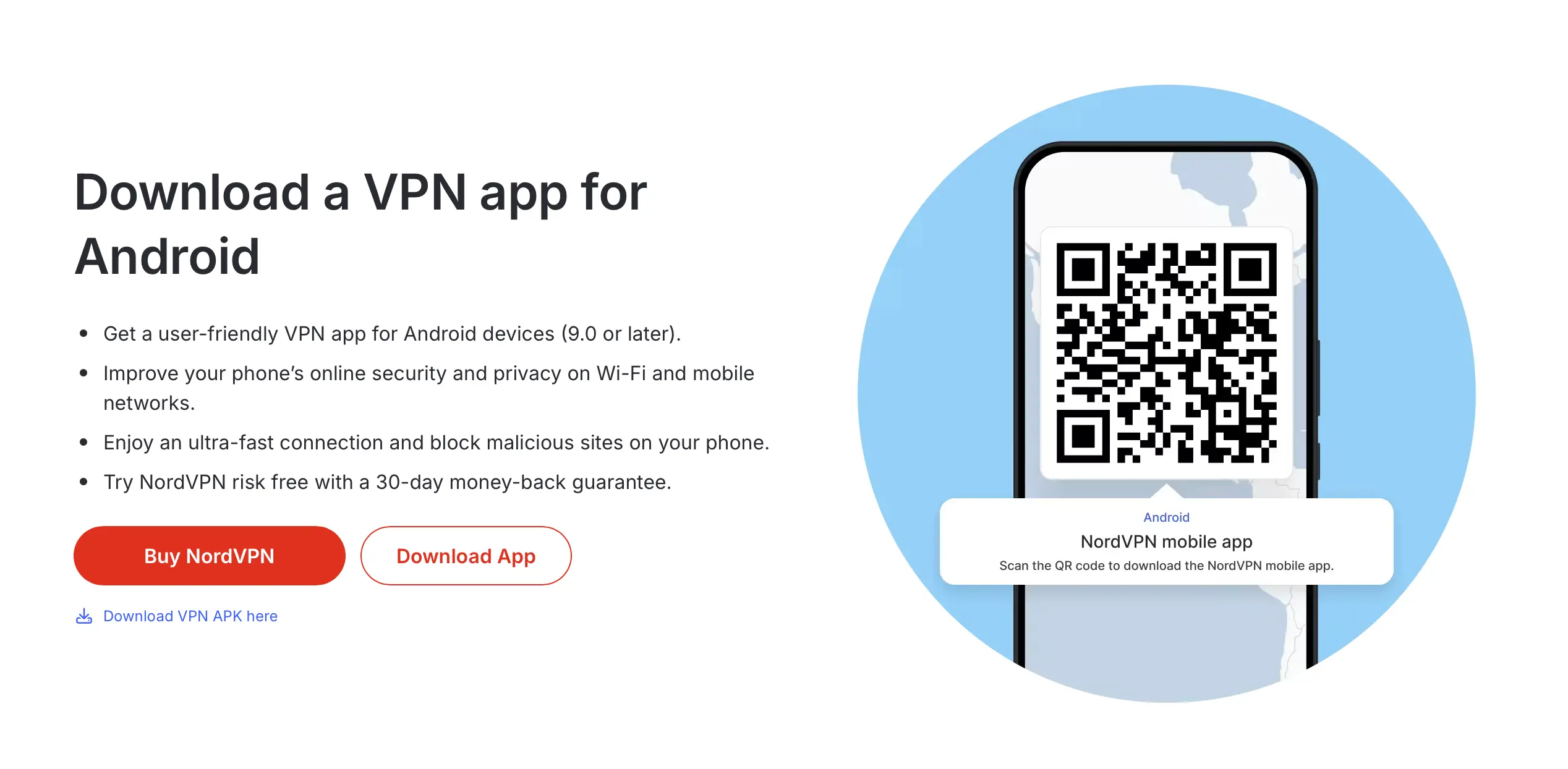 Stáhněte si aplikaci NordVPN pro Android. Uživatelé mohou naskenovat QR kód pro rychlou instalaci, chránit své soukromí na Wi-Fi a mobilních sítích a využít 30denní záruku vrácení peněz.