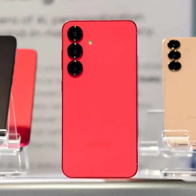 Samsung Galaxy řada S25 vystavená v různých barevných variantách, včetně červené, černé a zlaté, na prezentačním stojanu. Elegantní design s trojitým fotoaparátem na zadní straně.