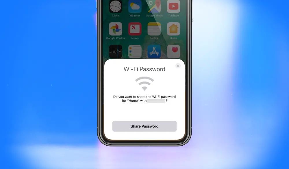 iPhone zobrazující výzvu ke sdílení hesla k Wi-Fi síti s možností rychlého připojení pomocí funkce sdílení hesla na Apple zařízeních.