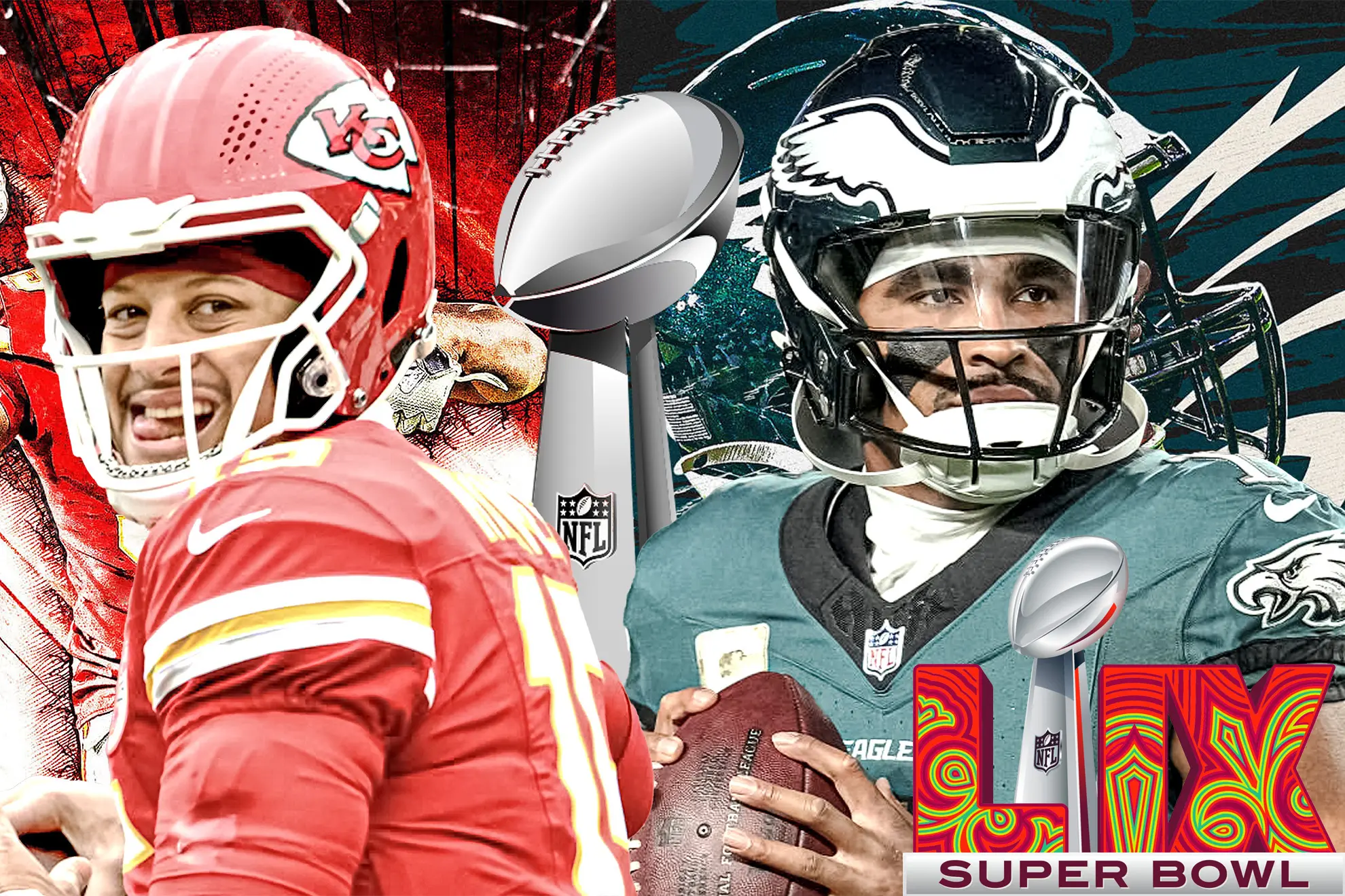 Patrick Mahomes z Kansas City Chiefs a Jalen Hurts z Philadelphia Eagles připraveni na finále Super Bowl 2025.