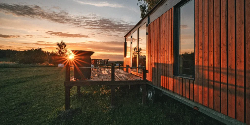 Tiny House Louis na Lipensku při západu slunce – moderní dřevěný domek s prosklenou terasou, nabízející dechberoucí výhled do přírody a jedinečnou atmosféru pro relaxaci.