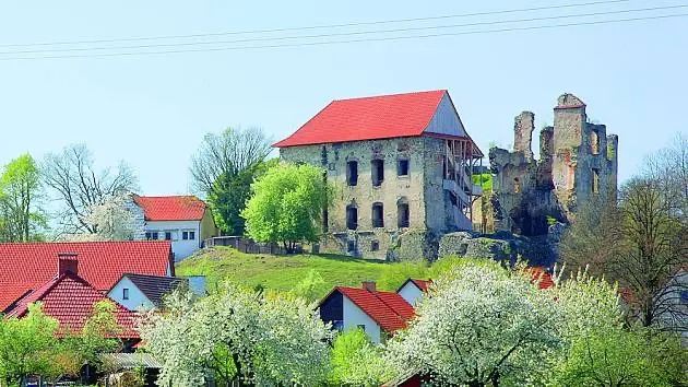 Současná podoba zříceniny hradu Košumberk v jarním období. Dochované části purkrabství s novou střechou a torza středověkých hradeb na kopci nad obcí Luže.