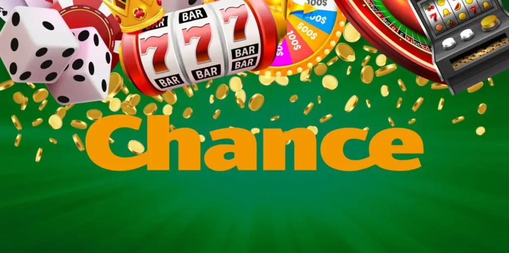 Chance Vegas – Online casino s jackpoty, hracími automaty a ruletou. Zlaté mince, kostky a výherní symboly na zeleném pozadí.