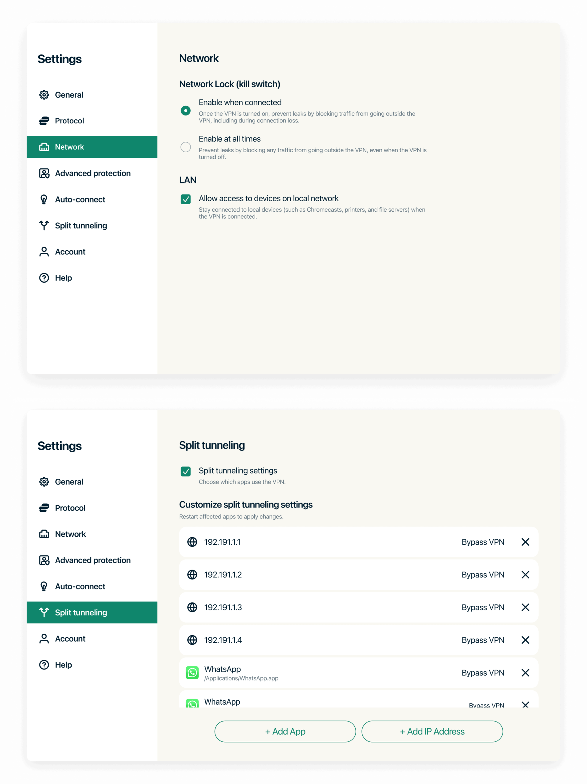 Screenshot nastavení funkce Split Tunneling v aplikaci ExpressVPN pro Linux s možností obcházet VPN u vybraných aplikací a IP adres.