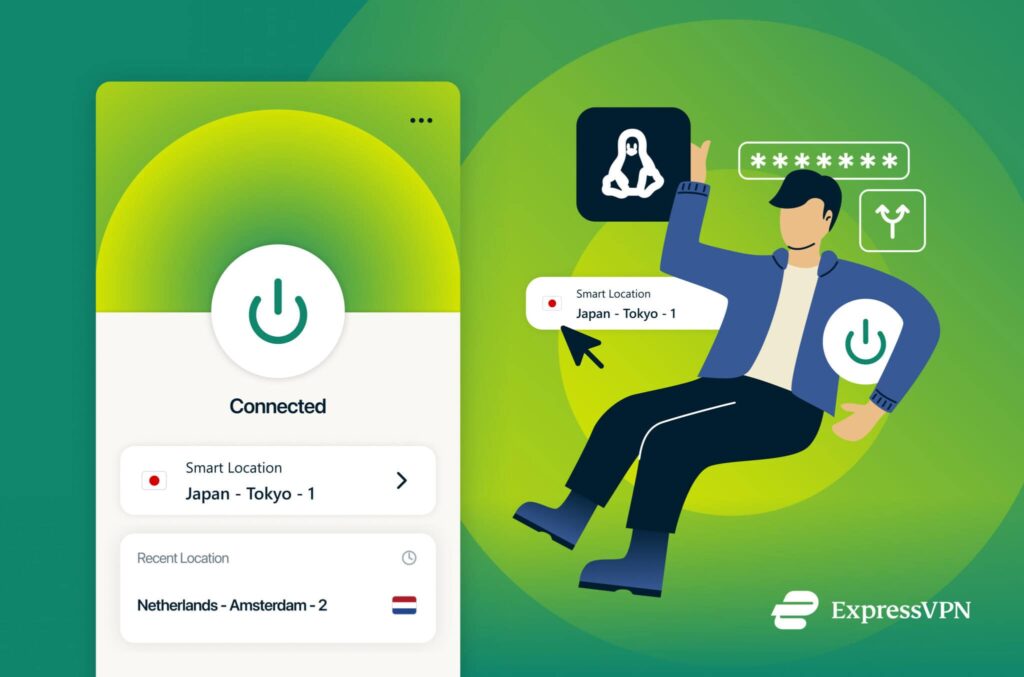 Ilustrace aplikace ExpressVPN běžící na Linuxu s aktivním připojením k VPN serveru v Japonsku. Zobrazení IP adresy, aktuálního serveru a posledního připojení.