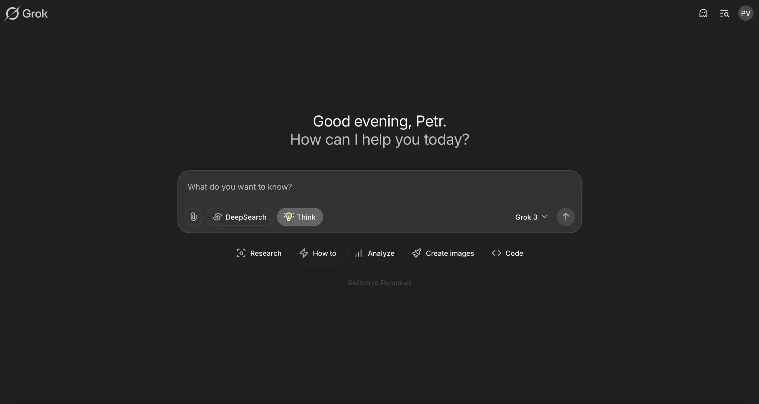 Snímek obrazovky uživatelského rozhraní nástroje Grok od xAI v tmavém režimu s textem „Good evening, Petr. How can I help you today?“ a vyhledávacím polem obsahujícím možnosti DeepSearch, Think a Grok 3. Na spodní straně jsou rychlé volby pro funkce Research, How to, Analyze, Create images a Code. V pravém horním rohu jsou ikony pro uživatelské menu a nastavení účtu.