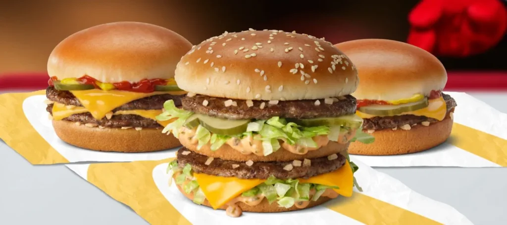 Tři oblíbené hamburgery od McDonald's – Big Mac, Cheeseburger a Double Cheeseburger – chutně naaranžované na ubrouscích.