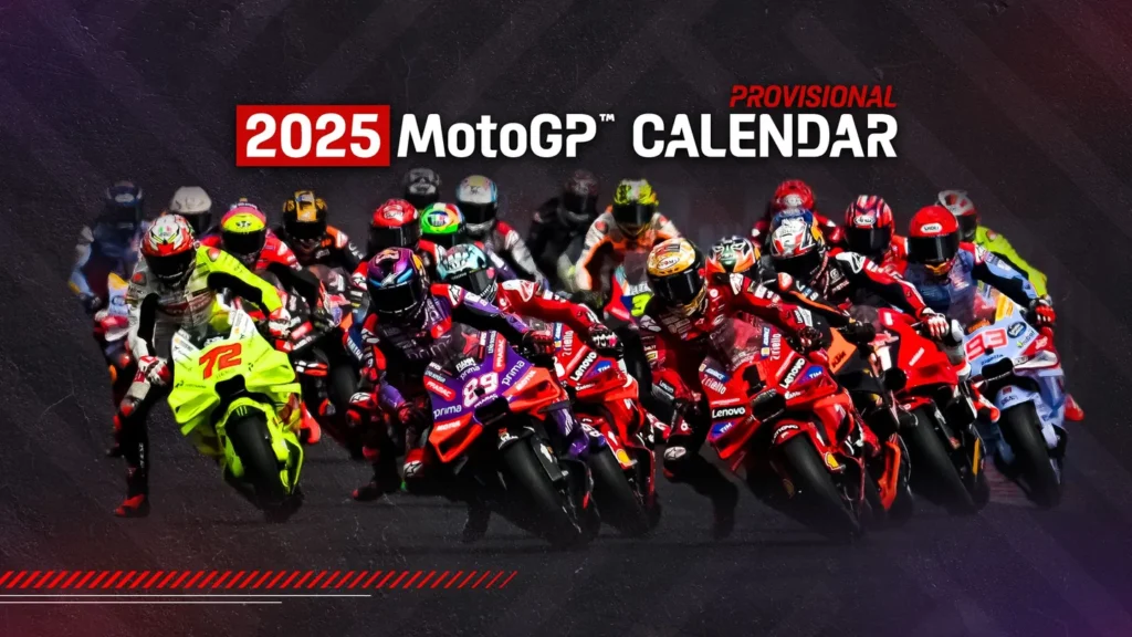 Startovní pole jezdců MotoGP během závodu s textem „2025 MotoGP™ Provisional Calendar“ – oficiální vizuál k předběžnému kalendáři Mistrovství světa silničních motocyklů MotoGP pro sezónu 2025.