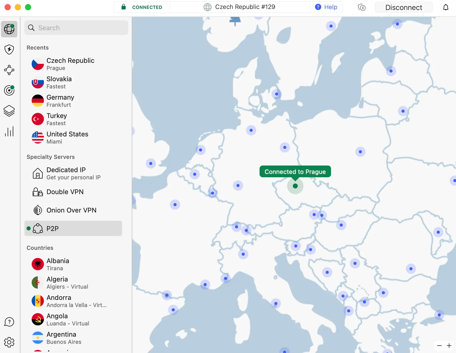 Aplikace NordVPN s mapou serverů – připojení k serveru v Praze, výběr zemí a specializovaných serverů jako P2P, Double VPN a Onion Over VPN.